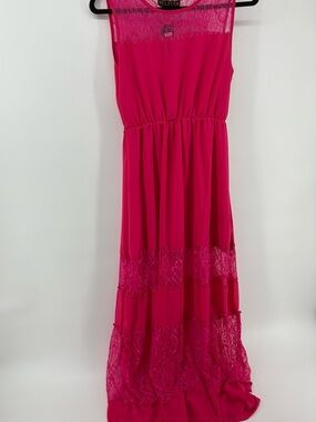 Velzera Hot Pink Sleeveless Lace-Panel Maxi Dress